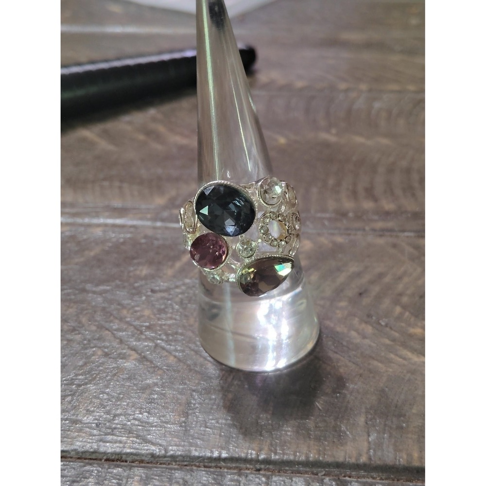 Multicolor Rhinestone Statement Cocktail Ring Silver Tone Size 7.5 Womens